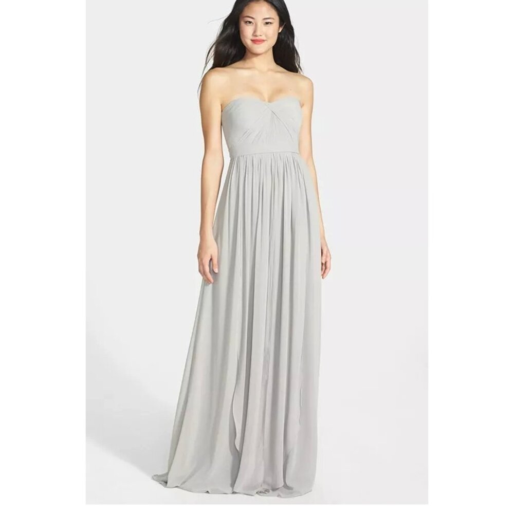 $280 JENNY YOO Aidan Convertible Strapless Chiffon Gown Bridesmaid DOVE GREY 2